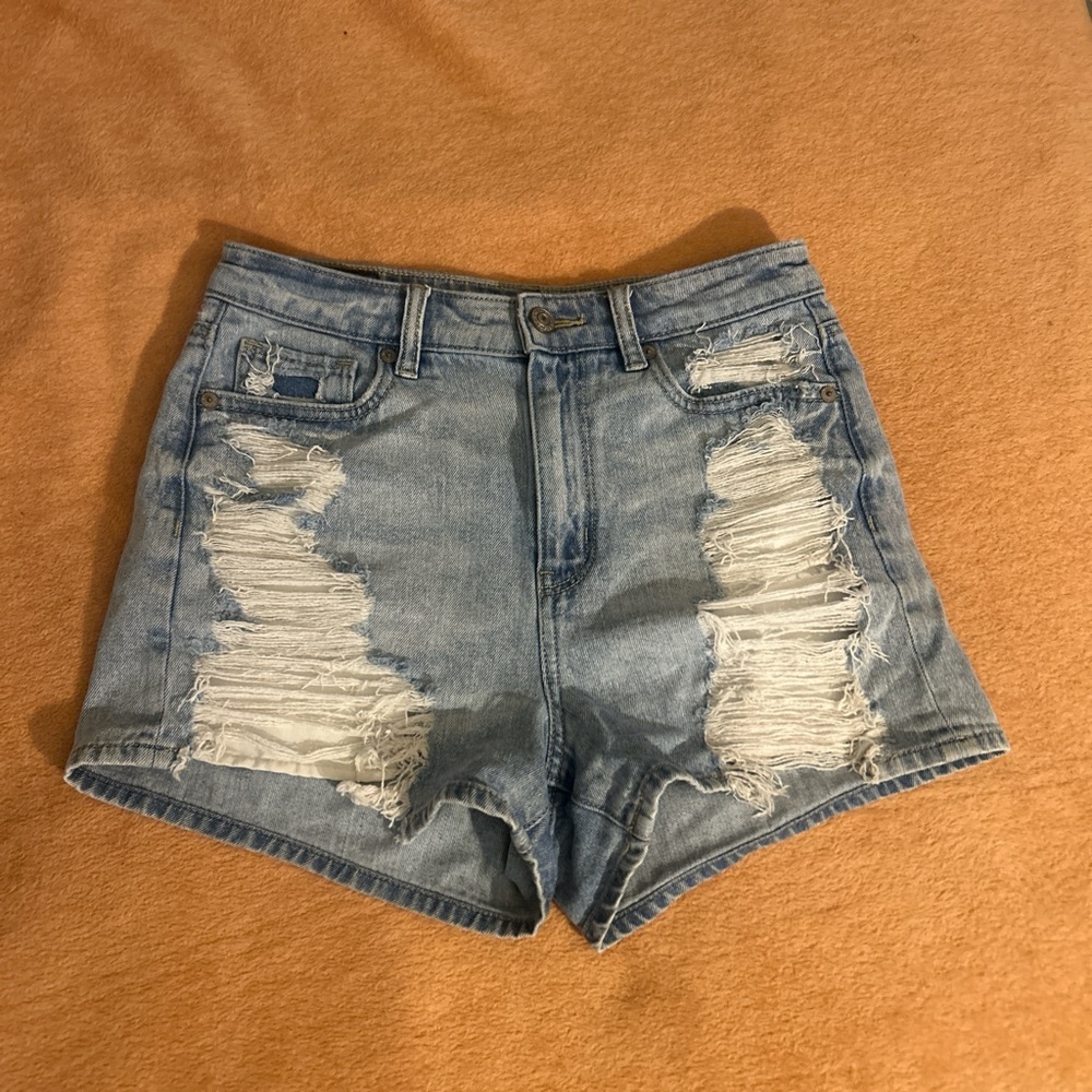 American Eagle Outfitters Light Blue Distressed High-Rise Denim Shorts
